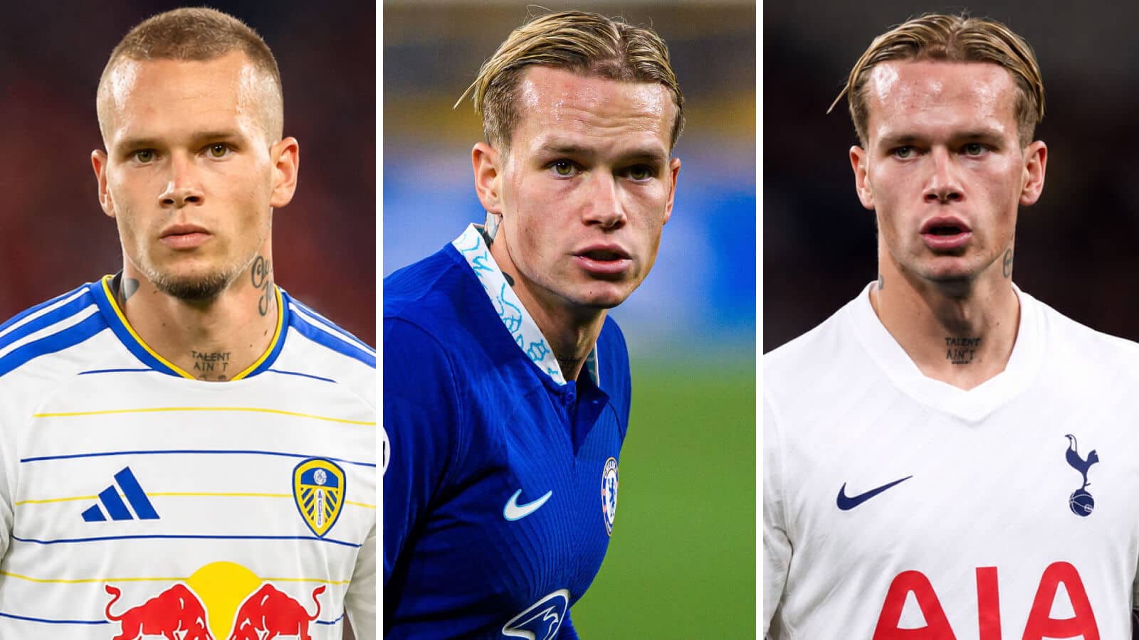 Chelsea star Mykhailo Mudryk with a Leeds kit and a Tottenham kit Photoshopped on him. In the middle is the player in his Chelsea colours