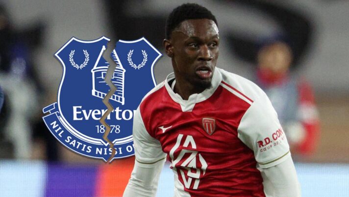 Monaco striker Folarin Balogun next to a cracked Everton badge