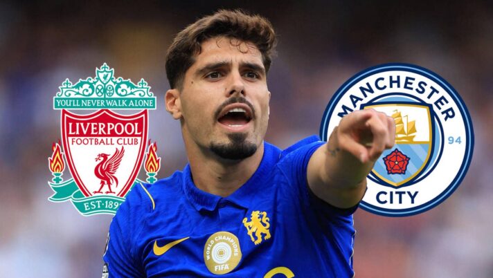 Chelsea star Pedro Neto next to the badges of Liverpool and Manchester City