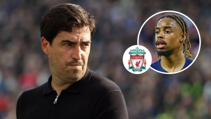 Liverpool manager Andoni Iraola and, inset, new signing Bradley Barcola next to the Liverpool badge