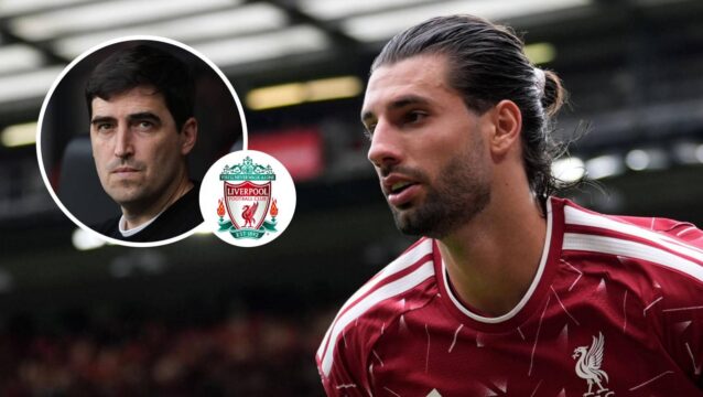 Liverpool star Dominik Szoboszlai and, inset, Andoni Iraola next to the Liverpool badge