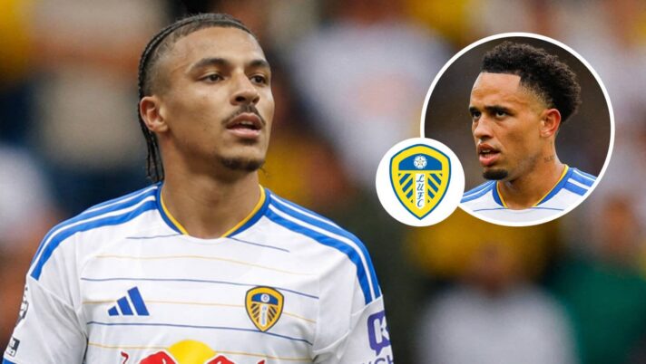 Jean-Mattéo Bahoya with a Leeds shirt Photoshopped on him and, inset, Noah Okafor next to the club badge