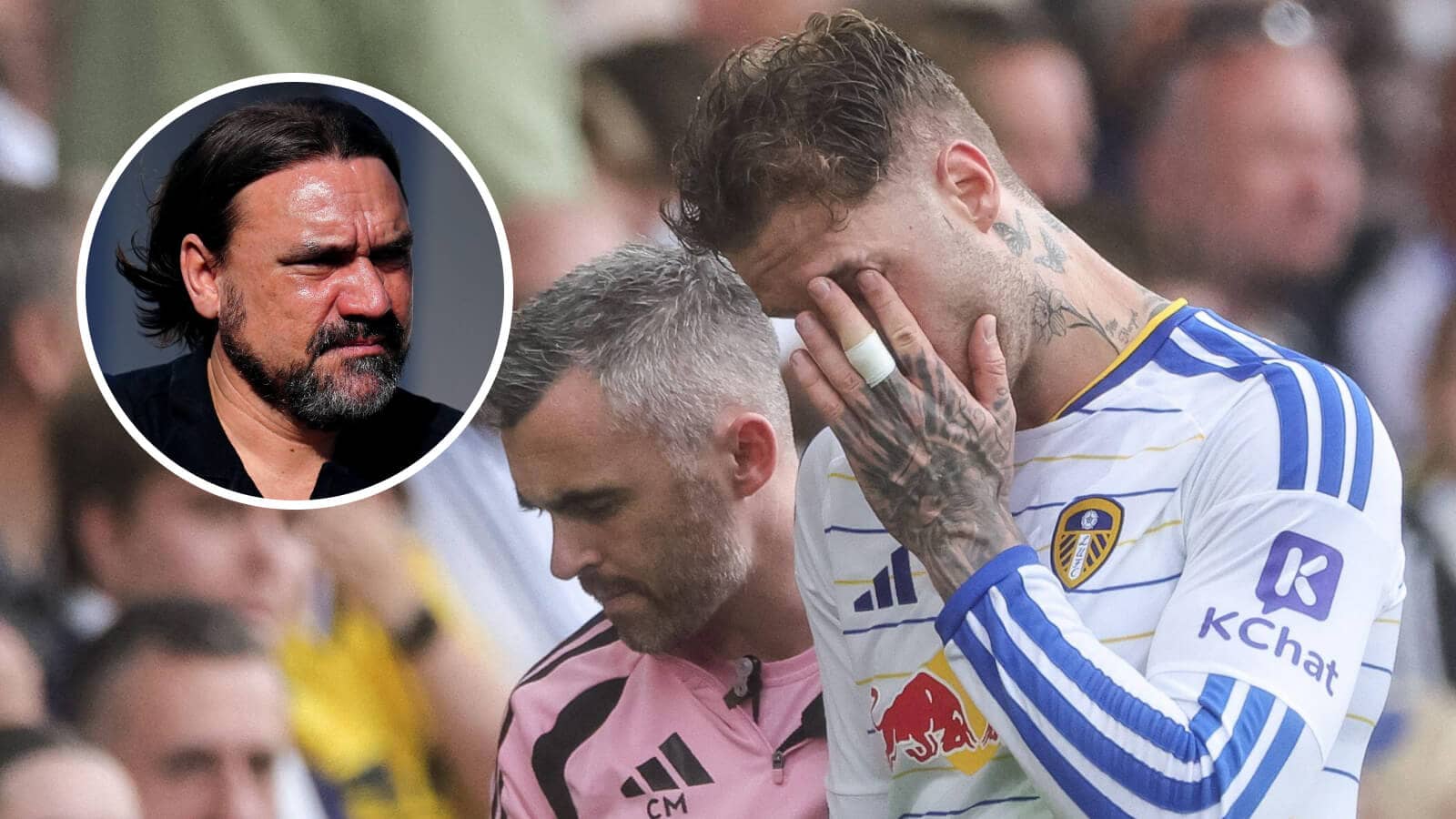 Leeds boss Daniel Farke, inset, and defender Joe Rodon after he suffered an injury