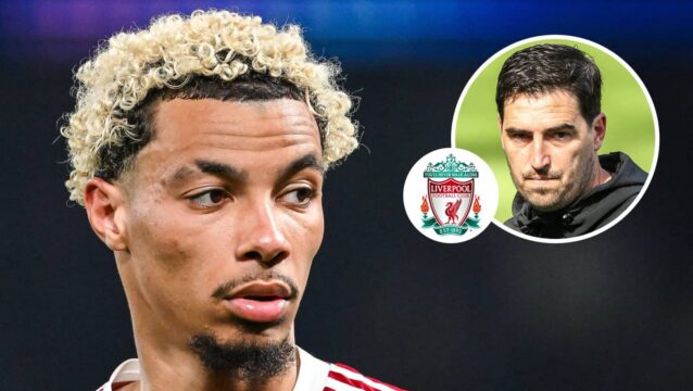 Hugo Ekitike, Liverpool badge and Andoni Iraola - copyright TEAMtalk
