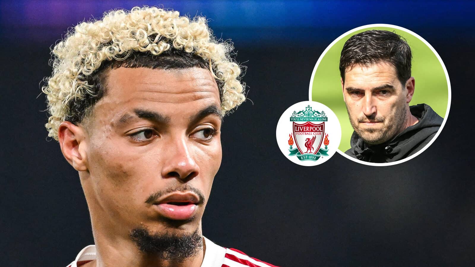 Hugo Ekitike, Liverpool badge and Andoni Iraola - copyright TEAMtalk