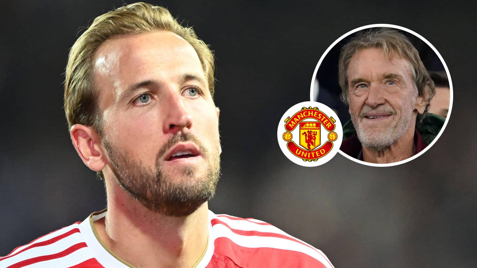 Bayern Munich striker Harry Kane, Manchester United badge and Sir Jim Ratcliffe - copyright TEAMtalk
