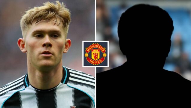Split image of Newcastle United left-back Lewis Hall and a shadow, with the Manchester United badge in between - copyright TEAMtalk