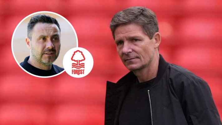 Tottenham Hotspur manager Roberto De Zerbi, Nottingham Forest badge and Nottingham Forest manager Oliver Glasner – copyright TEAMtalk