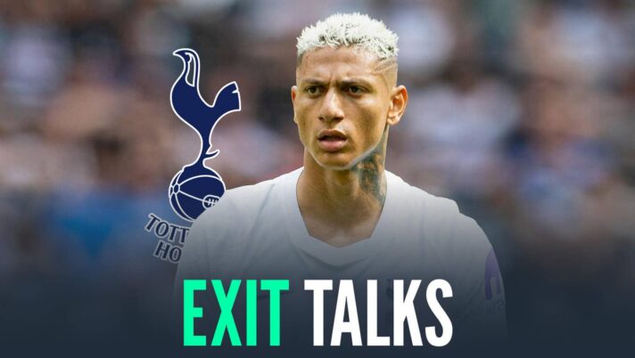 Tottenham Hotspur star Richarlison next to the club badge and the words 'exit talks'