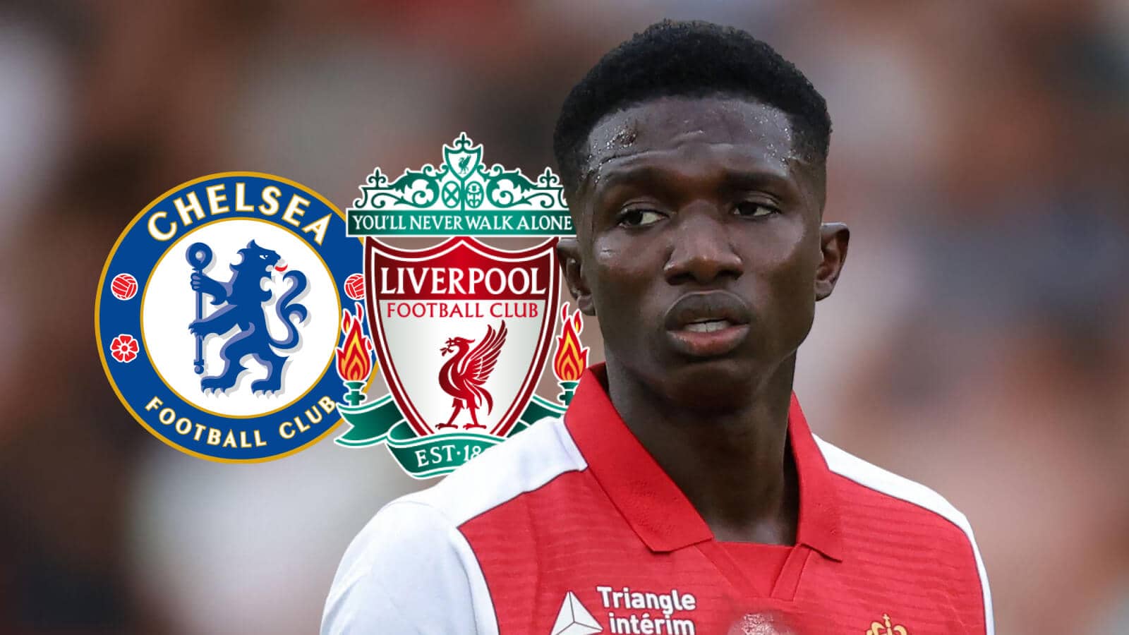 Monaco star Lamine Camara next to the badges of Chelsea and Liverpool