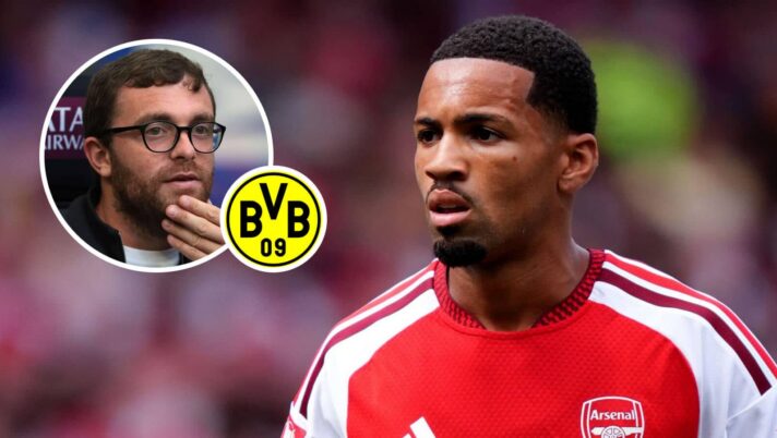 Arsenal star Ethan Nwaneri and, inset, Fabrizio Romano next to the Borussia Dortmund badge