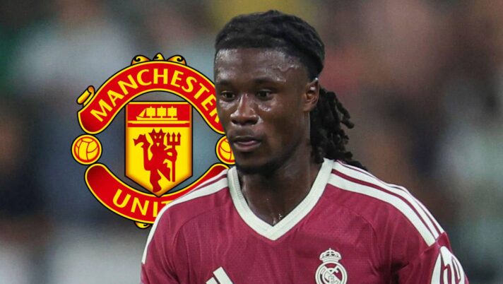Manchester United badge and Real Madrid midfielder Eduardo Camavinga - copyright TEAMtalk