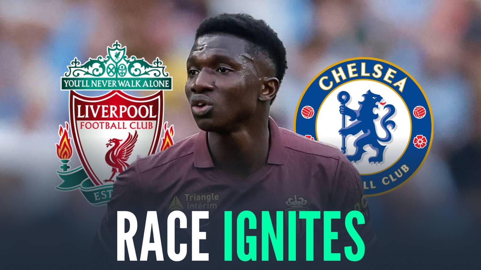 Lamine Camara with Liverpool, Chelsea badges