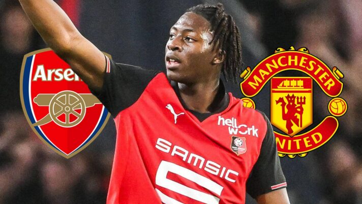 Former Rennes striker Mohamed Kader Meite next to the badges of Arsenal and Manchester United radar