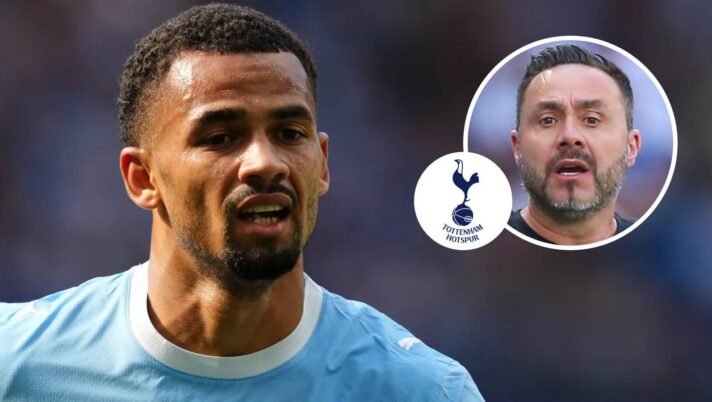 Iliman Ndiaye with Roberto De Zerbi and Tottenham badge