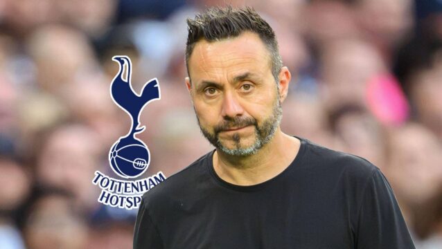 A frustrated-looking Tottenham Hotspur manager Roberto De Zerbi next to the club badge