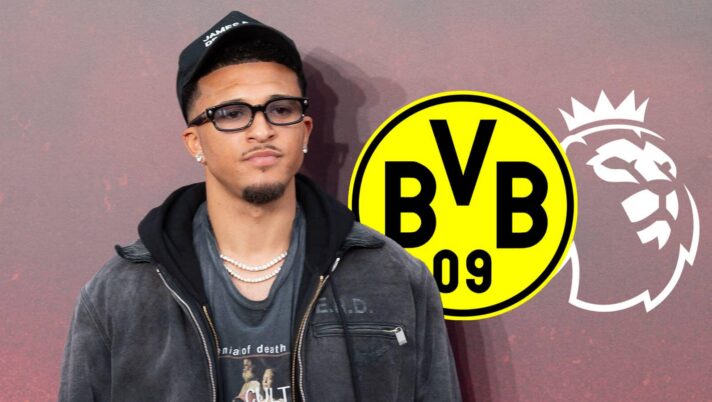 Jadon Sancho with Premier League logo and Borussia Dortmund badge