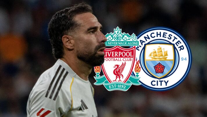 Real Madrid legend Dani Carvajal next to the Liverpool and Manchester City badges