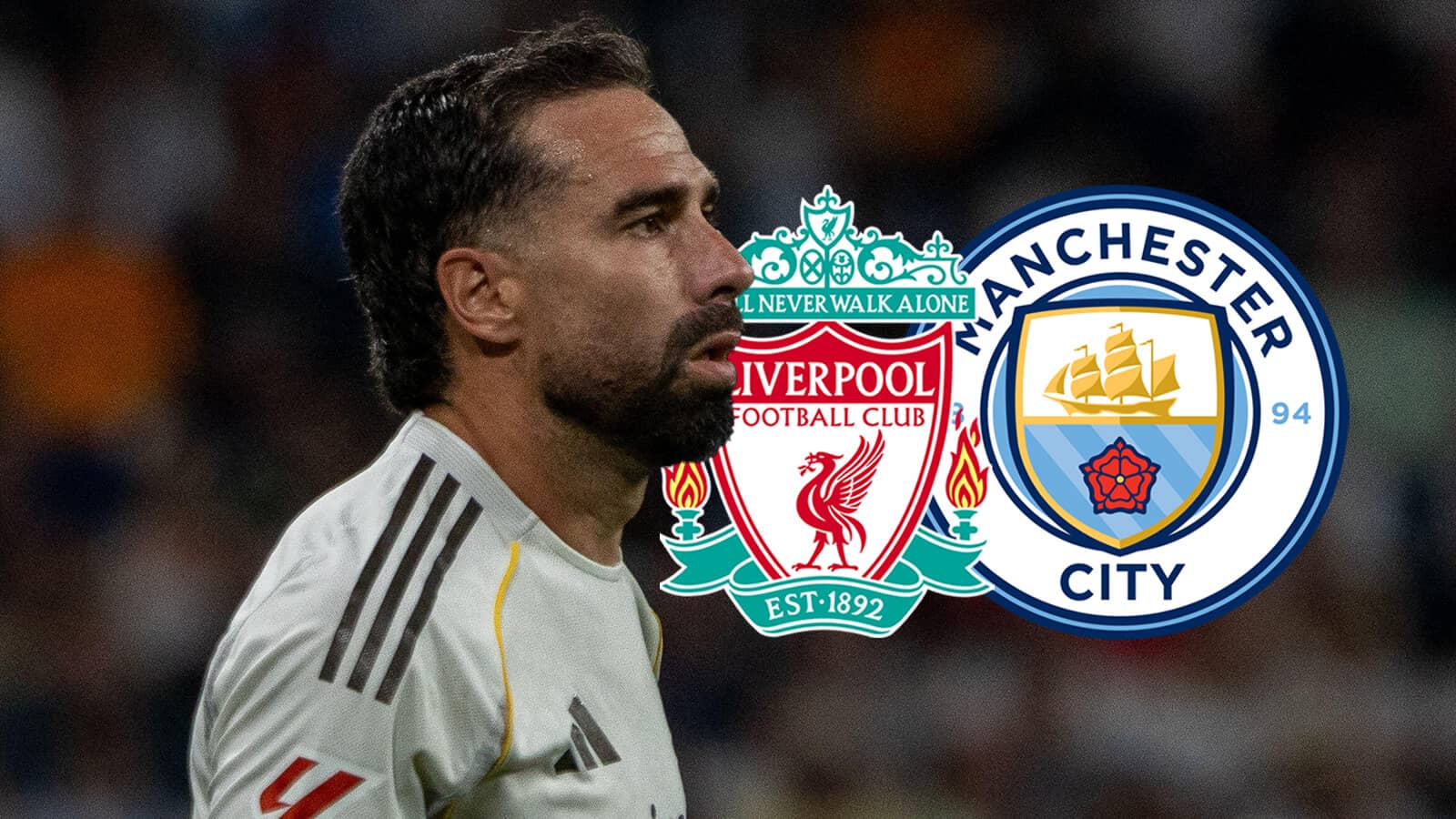 Real Madrid legend Dani Carvajal next to the Liverpool and Manchester City badges