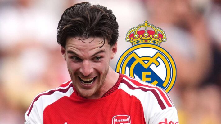 Arsenal star Declan Rice with a Real Madrid badge