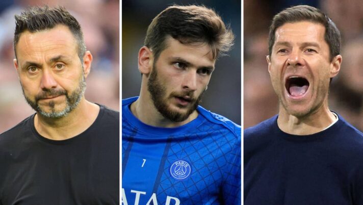 Khvicha Kvaratskhelia pictured in the middle of Tottenham Hotspur boss Roberto De Zerbi and Chelsea manager Xabi Alonso