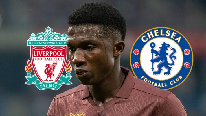 Monaco midfielder Lamine Camara next to the Liverpool and Chelsea badges