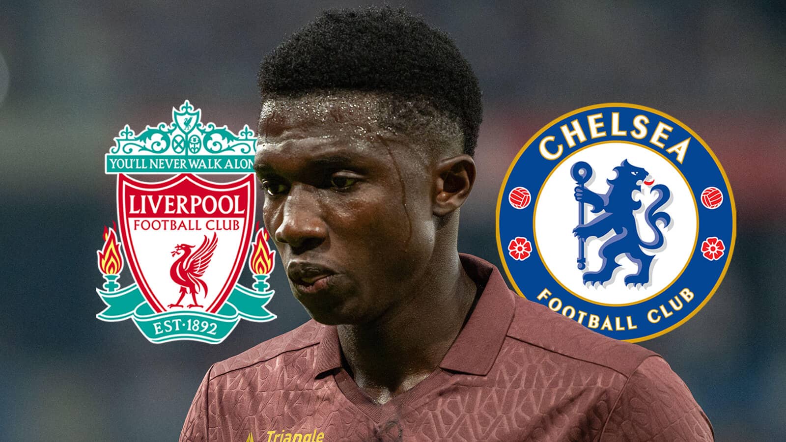 Monaco midfielder Lamine Camara next to the Liverpool and Chelsea badges