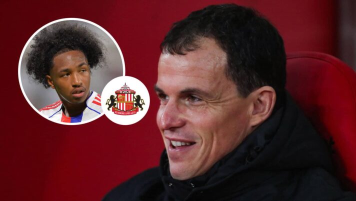 Sunderland boss Regis Le Bris and, inset, the club's new winger signing Malick Fofana next to the club badge