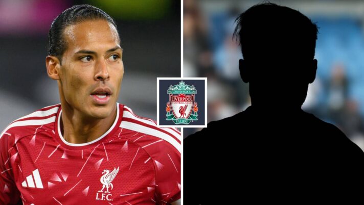 Split image of Liverpool central defender Virgil van Dijk and a shadow, with the Liverpool badge in between - copyright TEAMtalk