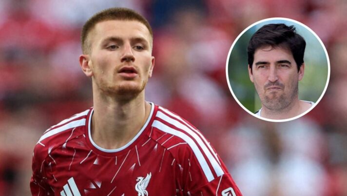 Crystal Palace midfielder Adam Wharton with a Liverpool shirt Photoshopped on him and, inset, Reds boss Andoni Iraola