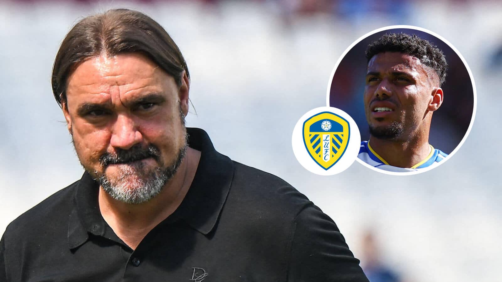 Leeds manager Daniel Farke and, inset, versatile defender James Justin next to the club's badge