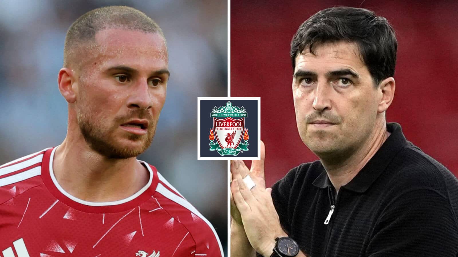 Split image of Liverpool midfielder Alexis Mac Allister and manager Andoni Iraola with the Liverpool badge in between - copyright TEAMtalk