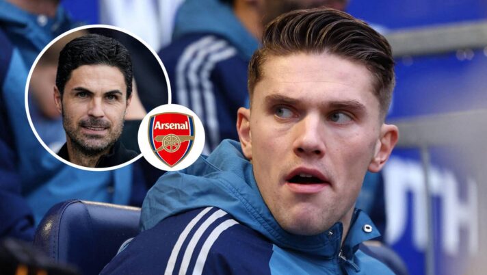 Viktor Gyokeres sat on the Arsenal bench and, inset, Mikel Arteta ext to the club badge