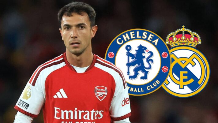 Arsenal star Martin Zubimendi with Chelsea and Real Madrid badges