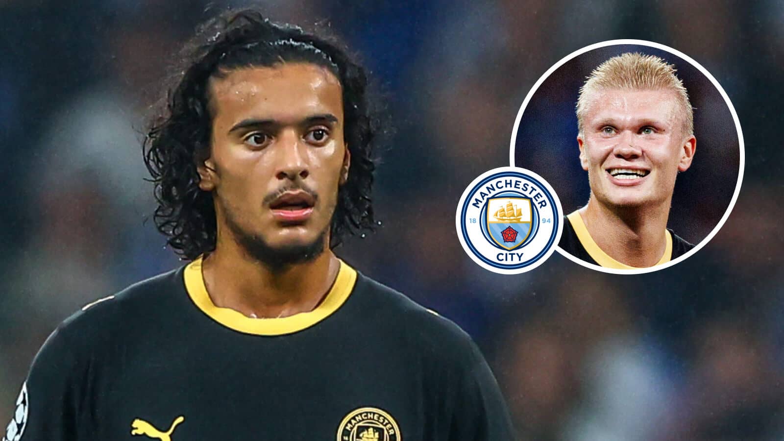 Mancheser City stars Ayyoub Bouaddi and , inset, Erling Haaland next to the club badge
