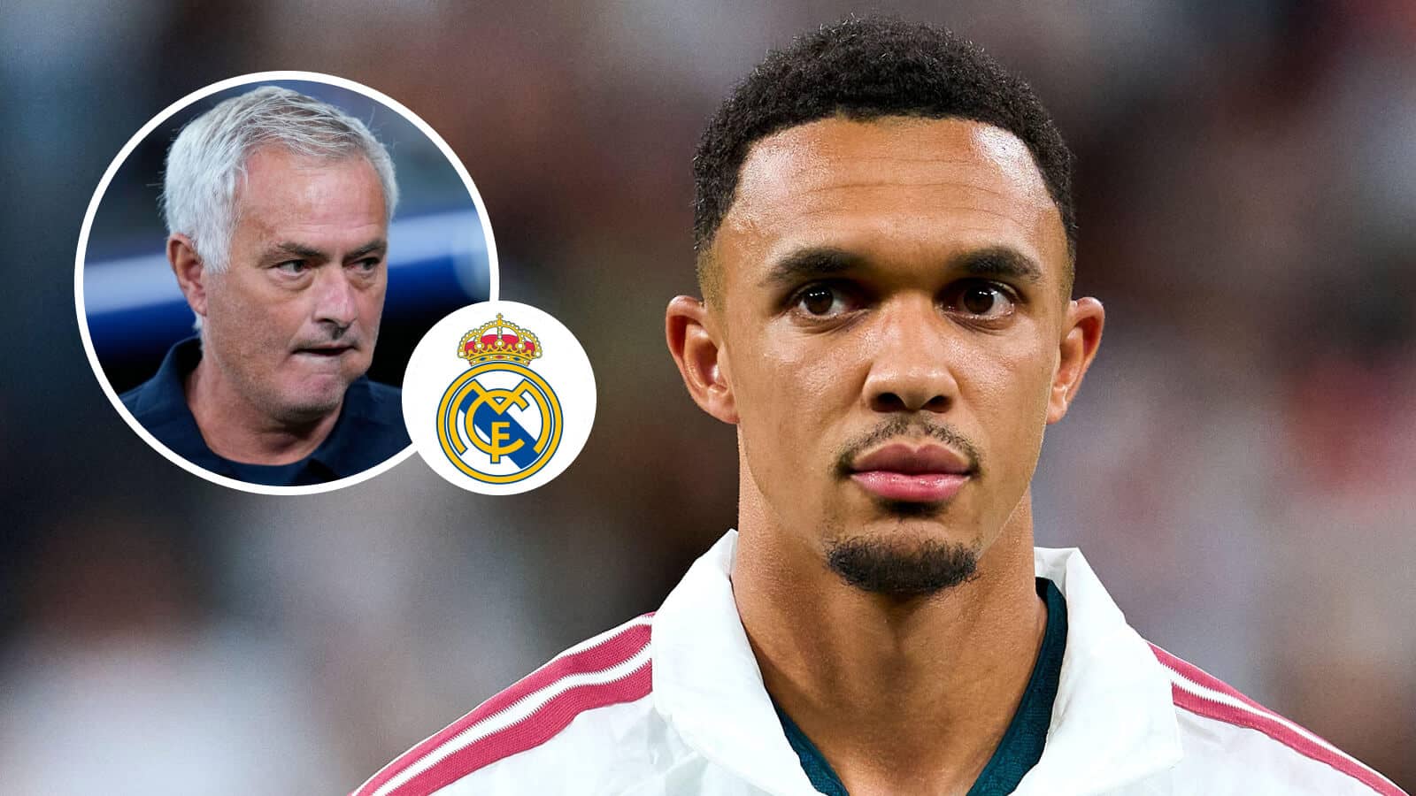 Jose Mourinho, Real Madrid badge and former Liverpool star Trent Alexander-Arnold - copyright TEAMtalk