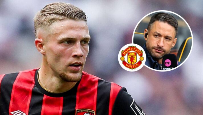 Bournemouth star Adrien Truffert and, inset, journalst David Ornstein next to the Manchester United badge