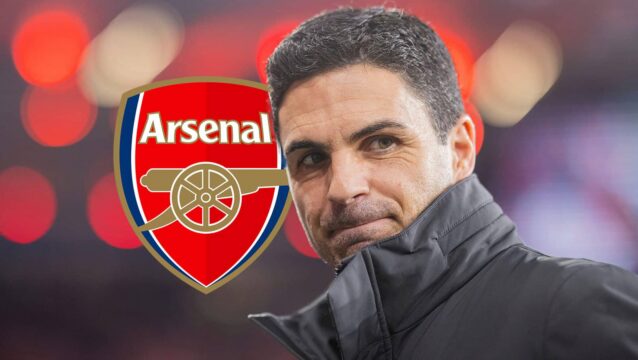 Arsenal manager Mikel Arteta next to the club badge