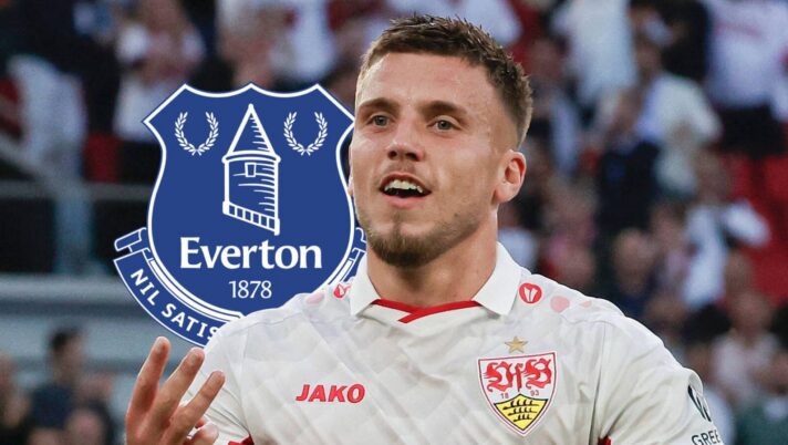 Stuttgart striker Ermedin Demirovic next to the Everton badge