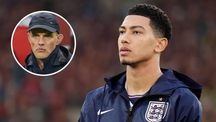 Jobe Bellingham in an England tracksuit and, inset, England coach Thomas Tuchel