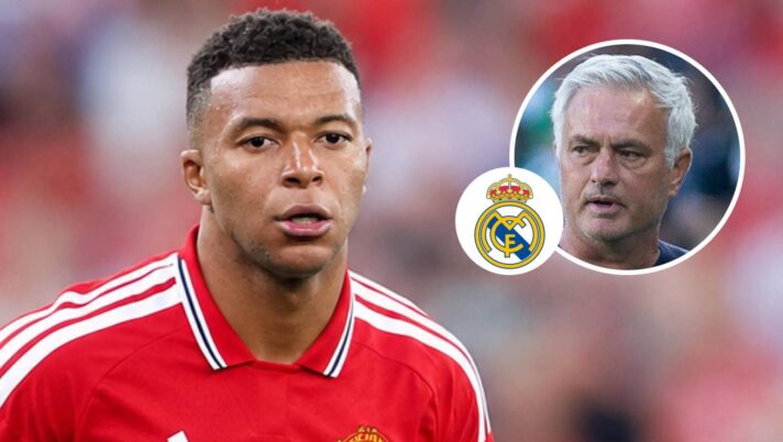 Real Madrid superstar Kylian Mbappe with a Manchester United shirt Photoshopped on him and, inset, Real Madrid manager Jose Mourinho next to the club badge