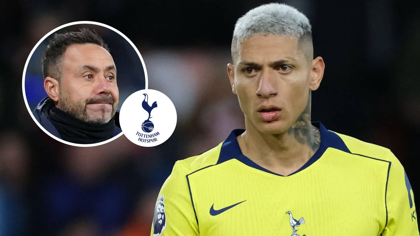 Tottenham Hotspur striker Richarlison and, inset, Roberto De Zerbi next to the club badge