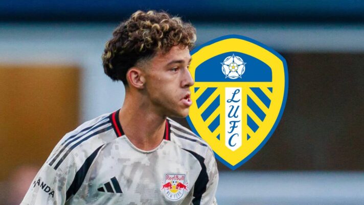 New York Red Bull striker Julian Hall next to the Leeds United badge