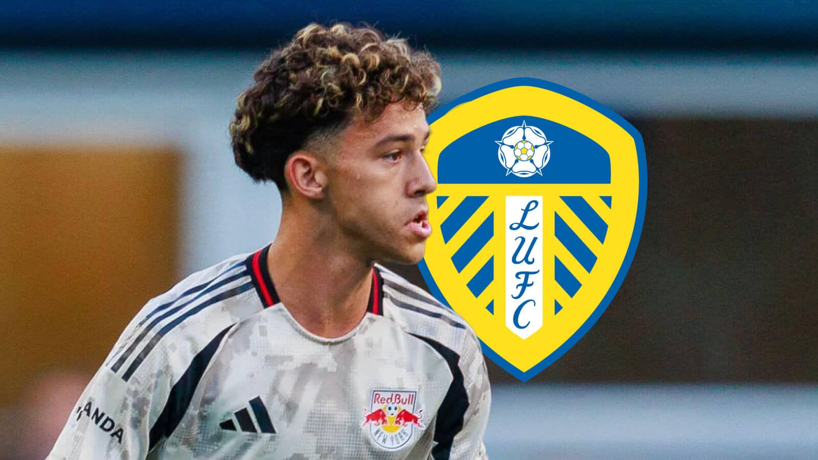 New York Red Bull striker Julian Hall next to the Leeds United badge