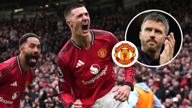 Manchester United duo Matheus Cunha and Benjamin Sesko, Manchester United badge and manager Michael Carrick - copyright TEAMtalk