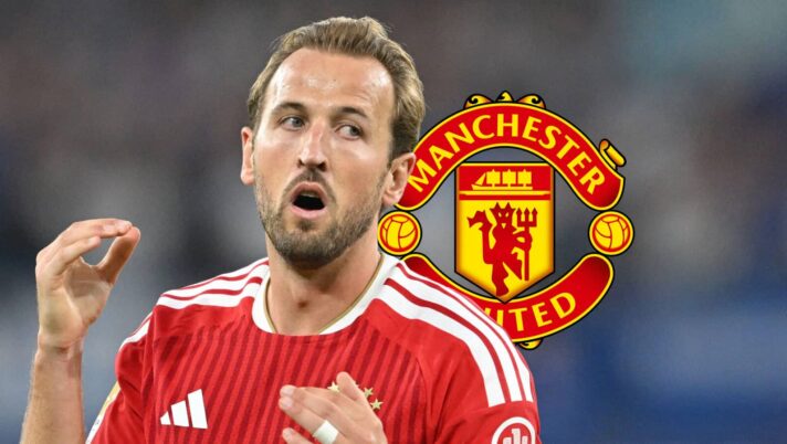Bayern Munich striker Harry Kane and Manchester United badge - copyright TEAMtalk