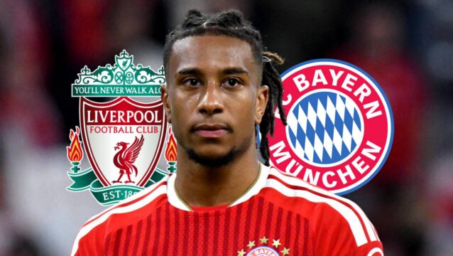 Liverpool badge, Michael Olise and Bayern Munich badge - copyright TEAMtalk