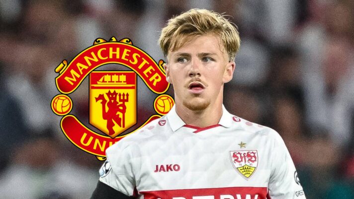 Stuttgart defender Finn Jeltsch next to the Manchester United badge
