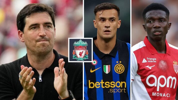 Liverpool boss Andoni Iraola next to the club badge and Inter Milan star Aleksandar Stankovic and Lamine Camara of Monaco