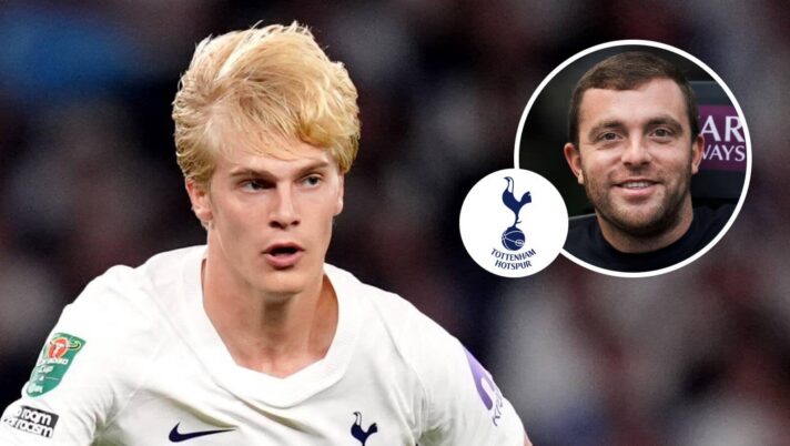 Tottenham Hotspur star Lucas Bergvall next to, inset, Fabrizio Romano and the club badge